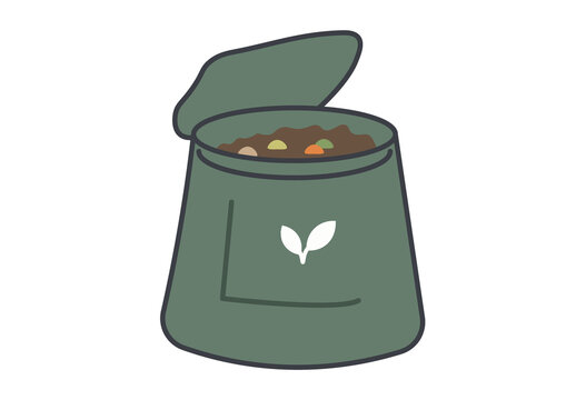 Compost bin and bag of soil illustration for gardening and eco-friendly waste recycling.