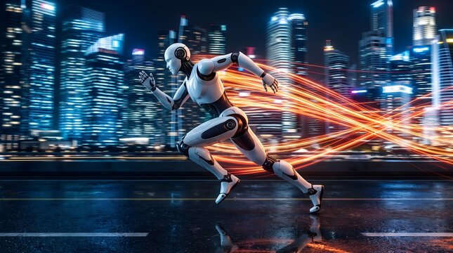 White humanoid robot sprinting through a futuristic night city with glowing orange light trails behind it for digital transformation and high-speed technology concept