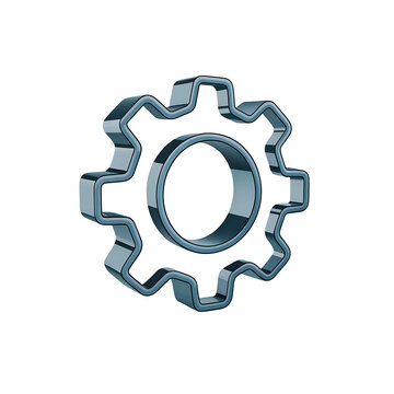 Metallic blue gear icon representing industrial settings and mechanical maintenance with industrial design engineering part blue cog tech component white background