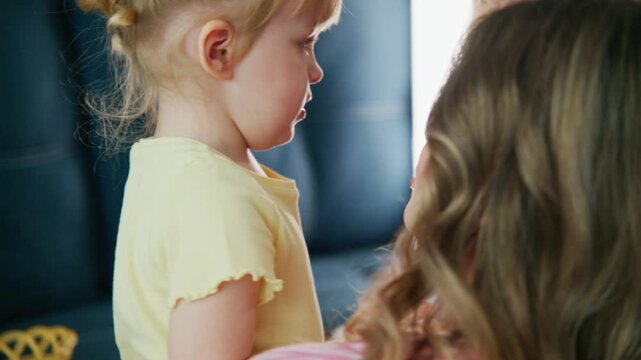 Young girl in a yellow shirt looks at another child. Her hair is styled in a bun. The second child gently touches her hand. Both children seem curious and engaged. The scene feels warm and tender