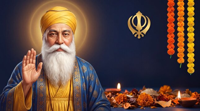 Guru Nanak Jayanti: Portrait with Devotional Lamps and Sikh Symbols