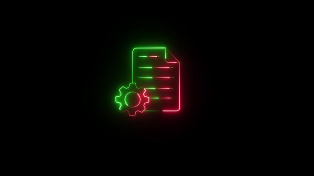 Neon line animated Document settings with gears icon isolated on black background. Software update, transfer protocol, teamwork tool management. black background.4K