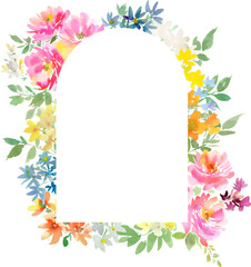 Fototapeta premium Watercolor floral frame with abstract hand painted pink roses and wild flowers for wedding invitation, greeting card and tag