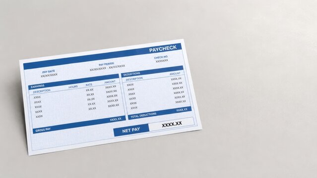 Paper paycheck stub with blue headers showing earnings, deductions and net pay on a light gray surface