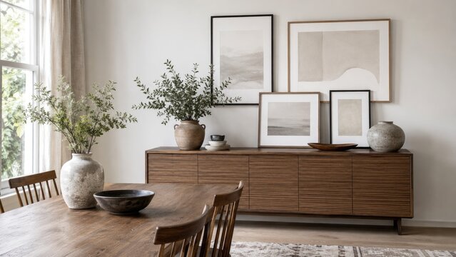 Neutral modern dining room with wooden table, sideboard, framed abstract art, ceramic vases, indoor plants, and soft natural light