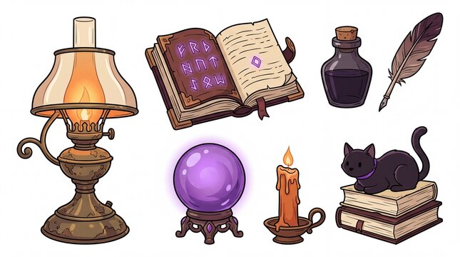 Magical items and witchcraft objects sticker collection. Featuring oil lamp open spell book with runes ink bottle feather quill purple crystal ball burning candle and black cat. Vector