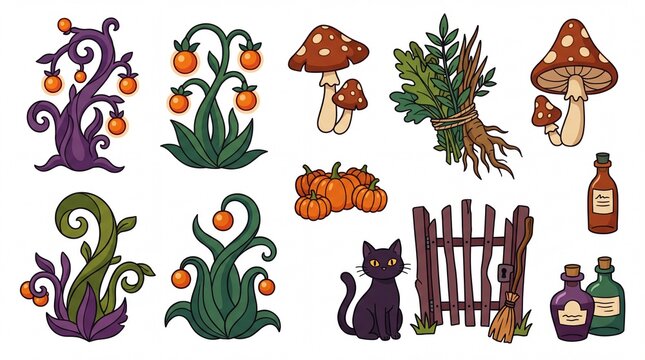 Witchcraft and magic elements sticker set containing icons for Magic Mushrooms Herbal Bundle Glowing Fruit Plants Black Cat Pumpkin Patch Wooden Gate and Potion Bottles for fantasy design