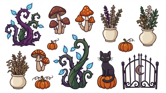 Magic and Witchcraft sticker set containing illustrations for black cat mushrooms pumpkins potted plants thorny vines and iron gate for Halloween projects and fantasy design