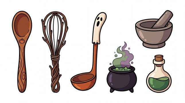 Halloween witch kitchen utensils solid icon set containing wooden spoon branch whisk ghost ladle boiling cauldron mortar and pestle and poison bottle for spooky holiday recipe projects