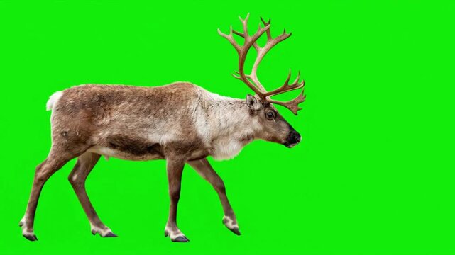 Reindeer walking sideways in a sequence against a solid bright green chroma key background screen