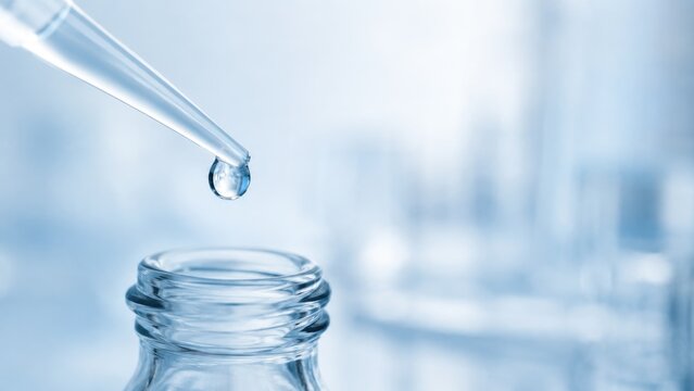 Close-up of a pipette dropping a clear liquid into a glass bottle in a clinical laboratory setting