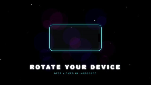 Neon blue smartphone frame with a film overlay requesting to rotate your device for landscape viewing mode on a dark bokeh background