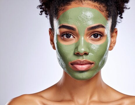 Beautiful African American woman with glowing skin posing with a green cosmetic clay face mask