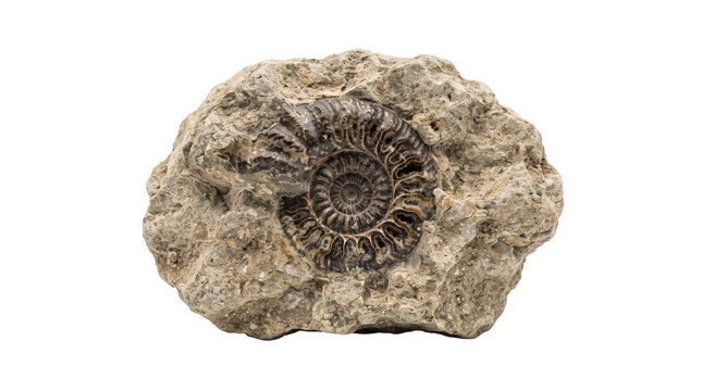 Detailed ammonite fossil embedded inside ancient grey rock matrix displaying spiral shell structure and prehistoric marine remains isolated on transparent background