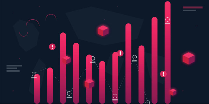 Digital bar chart analytics visualization with floating geometric cubes on transparent background