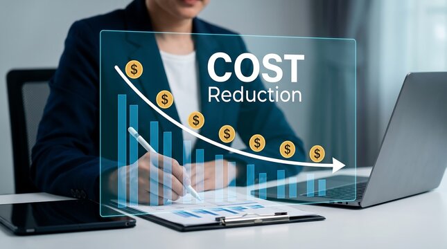 Businesswoman analyzing cost reduction strategies with a holographic financial graph overlay showing a downward trend and dollar signs.