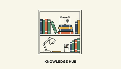Fototapeta premium Bookshelf unit labeled Knowledge Hub packed with colorful books, a study lamp, a pen cup, and a small notebook in flat design.