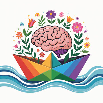 Colorful brain illustration floating in rainbow paper boat with flowers