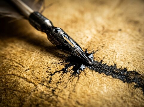 Quill Pen Writing with Black Ink on Old Textured Parchment Surface
