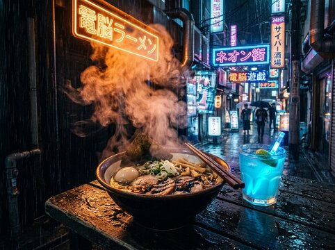 Ramen Bowl with Blue Drink on Wet Table in Rainy Neon Urban Street