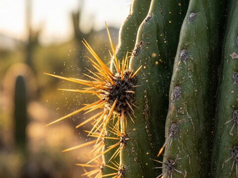 Vibrant Golden Cactus Spines Catching Warm Desert Sunlight with Shimmering Particles