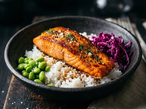 Healthy Salmon Bowl Featuring Glazed Fillet Fresh Edamame and Vibrant Cabbage
