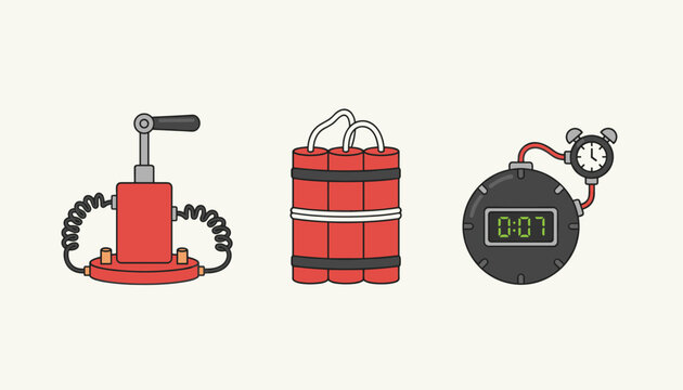 Dynamite stick bundle, clock timer bomb, and a classic plunger detonator box on an isolated light background.