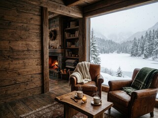 Obraz premium Cozy rustic wooden chalet cabin interior with stone fireplace and large window framing snowy winter forest