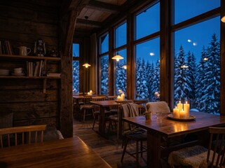Obraz premium Cozy rustic alpine snow chalet and mountain retreat terrace with wood-burning fireplace framing snowy pine peaks