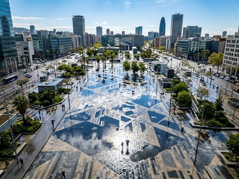Urban Plaza Reflections After Rain in a Modern European Cityscape