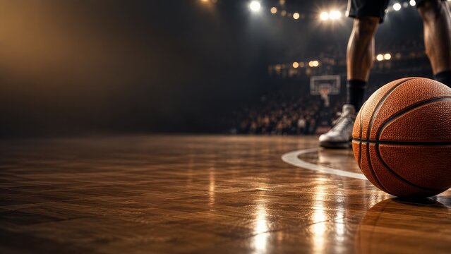 Basketball on hardwood court under arena lights with empty space for sports advertising