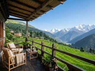 Obraz premium Cozy rustic alpine snow chalet and mountain retreat terrace with wood-burning fireplace framing snowy pine peaks