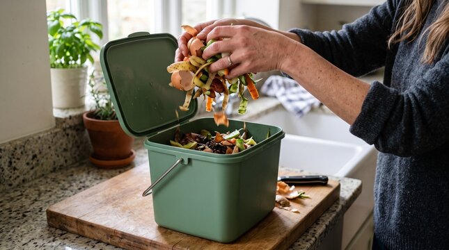Woman adding kitchen food scraps to a green compost bin in a home kitchen