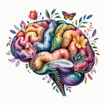 Vibrant artistic human brain illustration adorned with flowers leaves crystals and a butterfly