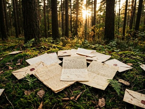 Vintage Love Letters on Moss in a Warm Sunlit Forest Setting