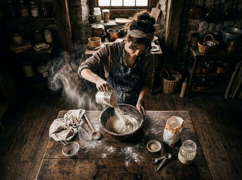 Baking Homemade Sourdough Bread Woman Pouring Flour in Rustic Kitchen