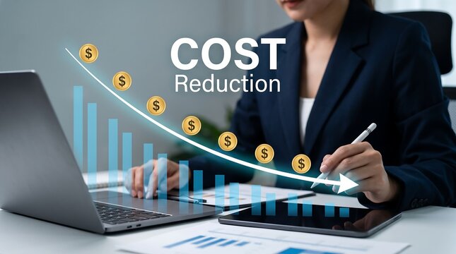 Businesswoman analyzing cost reduction graph on laptop and tablet, symbolizing financial strategy and efficiency.