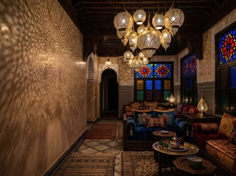 Luxurious Moroccan riad cafe courtyard featuring intricate carved plaster arches, zellige mosaic tile fountain, and Moorish pool veranda