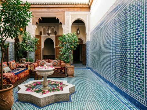 Luxurious Moroccan riad cafe courtyard featuring intricate carved plaster arches, zellige mosaic tile fountain, and Moorish pool veranda