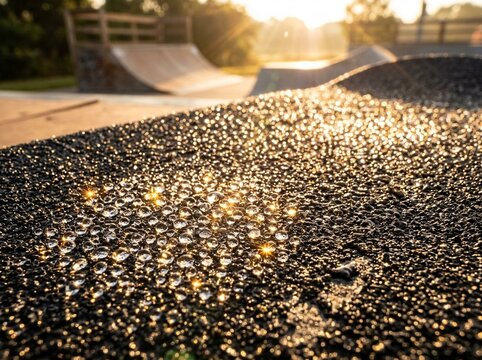 Water Droplets Sparkling on a Dark Outdoor Pump Track Surface at Sunset