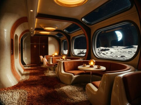 Futuristic sci-fi orbiting space station lounge and observation deck viewing cosmic sunrise and glowing star cluster