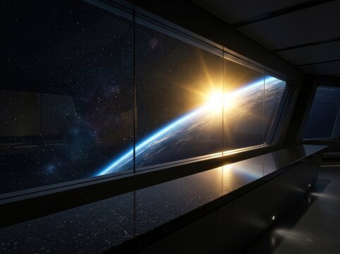 Futuristic sci-fi orbiting space station lounge and observation deck viewing cosmic sunrise and glowing star cluster