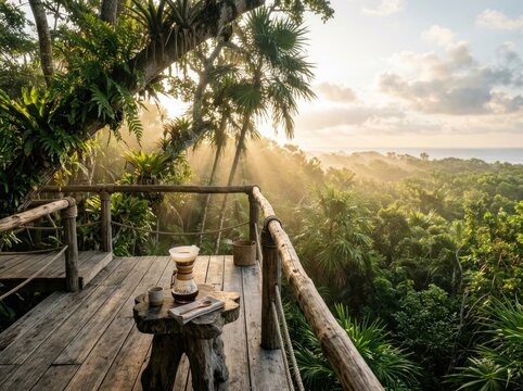 Sustainable eco-friendly treehouse cafe and wooden suspension bridge hidden in lush misty tropical rainforest canopy