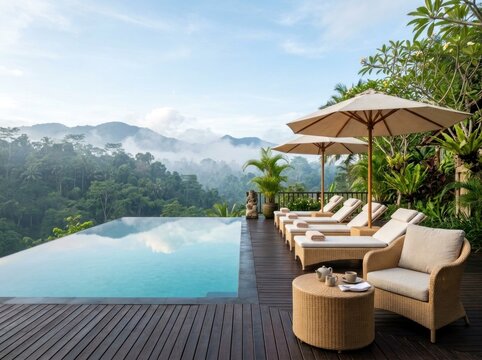 Picturesque seaside cafe terrace and luxury infinity pool overlooking turquoise ocean waves, rocky cliffs, and golden sunset