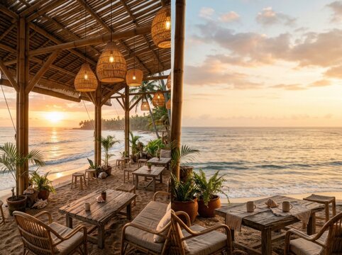 Picturesque seaside cafe terrace and luxury infinity pool overlooking turquoise ocean waves, rocky cliffs, and golden sunset