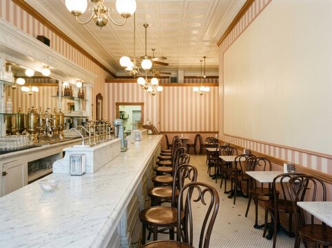 Classic retro American roadside diner interior featuring vintage leather booths, checkered tile floors, and soda fountain counter