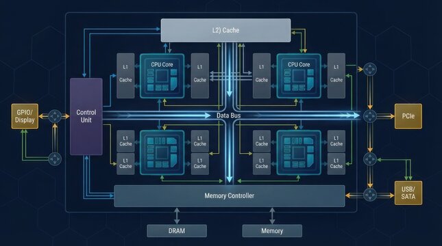 A Detailed Schematic Diagram Illustrating Modern Quad Core Processor Architecture and Connectivity