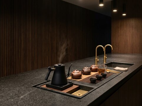 Tranquil Zen teahouse interior and Scandinavian minimalist cafe featuring natural wood, wabi-sabi aesthetics, and courtyard gardens