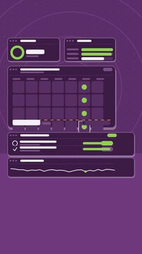 Vertical 9:16 animation of payout schedule calendar nearing in violet and blue on a dark background. Seamless looping 4K motion graphics shot in portrait format for reels, shorts, stories and mobile a