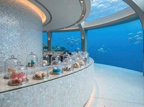 Futuristic luxury underwater aquarium cafe and subterranean restaurant featuring curved glass tunnel, panoramic ocean views, and marine life